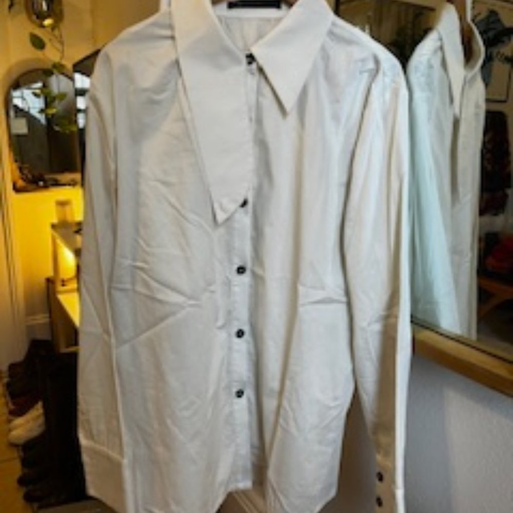 meg Copenhagen White Button down Blouse Tunic Oversized Asymmetrical Collar L